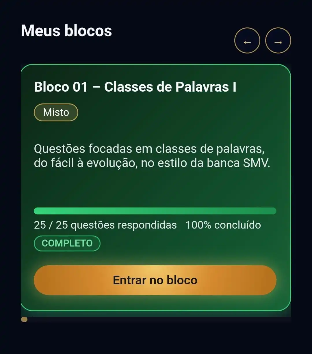 Tela da plataforma mostrando lista de questões